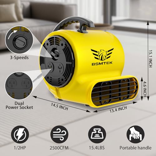 Air Mover Blower Fan, Industrial 1/2HP 2500CFM Monster Floor Blower Carpet Dryers - 3 Speeds, 4 Adjustable Angles, 15FT Long Cord, Stackable - 2026 Upgraded - color: Yellow, size: 2500CFM