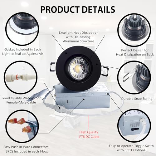 POPANU 3 Inch LED Recessed Lights 6 Pack,Adjustable Gimbal Downlight, Black - color: Black, size: 3 Inch
