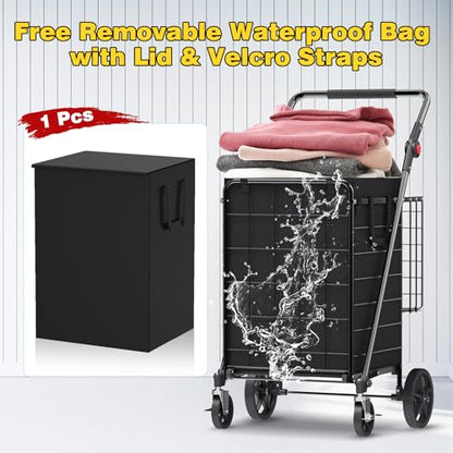 XINGLANG Heavy Duty Folding Shopping Cart – 4.5 Cu Ft, 420 lbs Capacity, Double Basket & Removable Waterproof Liner, 360° Swivel Wheels with Brakes, Adjustable & Rotating Handle for Laundry & Grocery - size: Jumbo