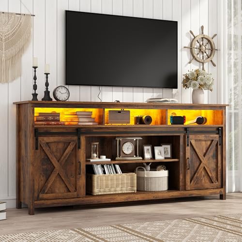 Vinctik 6&Fox 70in Wooden Farmhouse Entertainment Center for 80/75 inch TV,Double Layer Storage Farmhouse TV Stand,Double-Row Sockets with Wood Sliding Barn Door TV Stand(Double Layer Vintage Brown) - color: Double Layer Vintage Brown, size: 70in