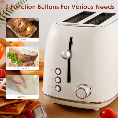 Roter Mond 2 Slice Toaster Retro Stainless Steel with Bagel, Cancel, and Defrost Functions, 6 Bread Shade Settings, Extra Wide Slots and Removable Crumb Tray, Cream - color: Cream