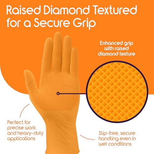 Inspire Heavy Duty Orange Nitrile Gloves | ULTRA 8 Mil Diamond Textured Grip | Industrial Mechanic Disposable Cleaning Gloves - size: X-Large