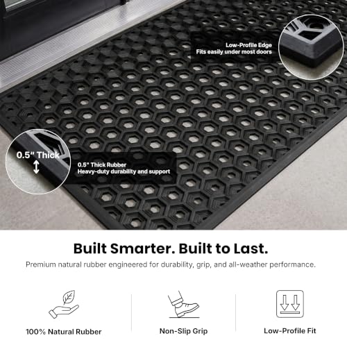 Subhera Collection Heavy Duty Rubber Door Mat 36"×60" Non-Slip Drainage with Dirt Scraper | Outside Doormat for Front Pool Deck & Patio All-Weather 100% Won't Curl or Blow Away - size: 3' x 5' (Rectangular)