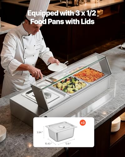 VEVOR Commercial Food Warmer, 1500W Electric Stainless Steel Steam Food Warmer with Glass Cover, Countertop Buffet Bain Marie with Three 1/2 Size Food Pans, for Catering, Restaurant, Party & Buffets - size: 3*1/2Pan