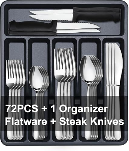 Pleafind 𝟏𝟒% 𝐎𝐅𝐅 73-Piece Silverware Set with Organizer - Heavy Duty Stainless Steel Flatware Set Service for 12, Cutlery Utensil Sets with Steak Knives, Tableware Set for Home Restaurant - size: 73 pieces