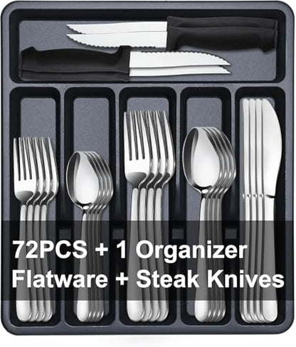 Pleafind 𝟏𝟒% 𝐎𝐅𝐅 73-Piece Silverware Set with Organizer - Heavy Duty Stainless Steel Flatware Set Service for 12, Cutlery Utensil Sets with Steak Knives, Tableware Set for Home Restaurant - size: 73 pieces