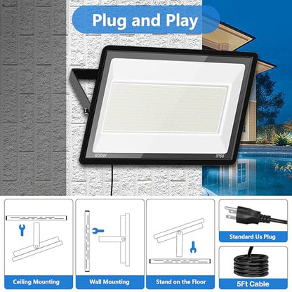 2 Pack 600W LED Flood Lights Outdoor,(3000W Equivalent), 66000LM 6000K Daylight White Super Bright Security Arena Light with Plug, IP66 Waterproof Commercial Lighting for Yard, Courts ,Stadium - size: 600w_2pack
