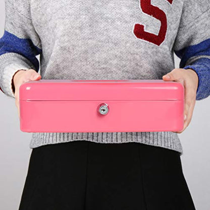 Cash Box with Money Tray and Key Lock, Parrency Large Money Box, 5 Compartments for Cions & 4 Spring-Loaded Clips for Bills, 11.8" x 9.5" x 3.5", K-Pink - color: K-Pink