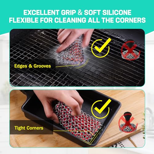 HAUSHOF Cast Iron Scrubber, Chainmail Scrubber Cast Iron Cleaner - color: Red