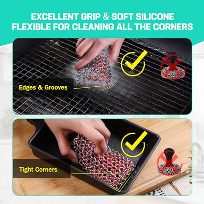 HAUSHOF Cast Iron Scrubber, Chainmail Scrubber Cast Iron Cleaner - color: Red
