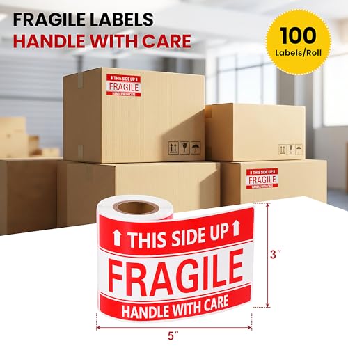 3 × 5 Inch Fragile Stickers Waterproof This Side Up Stickers Strong Adhesive Fragile Labels for Shipping Moving (100 PCS, 1 Roll) - size: 3" × 5", style: 1 Roll-100 PCS This Side Up