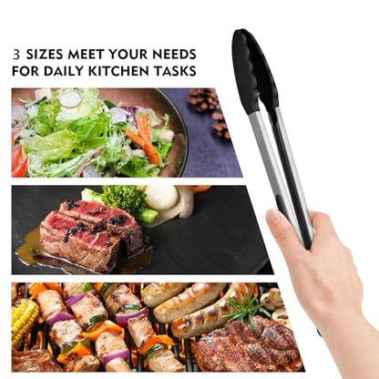 HOTEC Stainless Steel Kitchen Tongs with Silicone Tips, Set of 3-7",9" &12" - color: Black:12+9+7inch