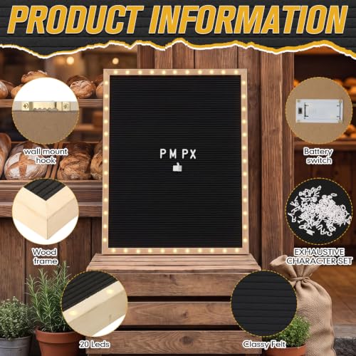 24 x 30 Inches Felt Letter Board & LED Light, Black, Natural Wood - color: Black, size: 24 x 30 Inches, style: Natural Wood