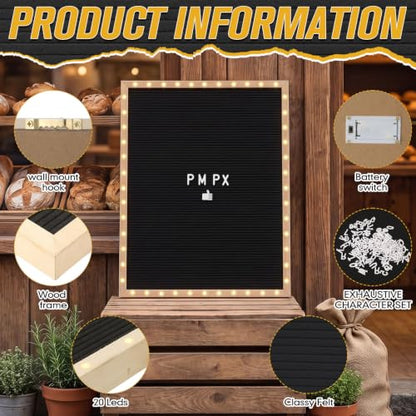 24 x 30 Inches Felt Letter Board & LED Light, Black, Natural Wood - color: Black, size: 24 x 30 Inches, style: Natural Wood