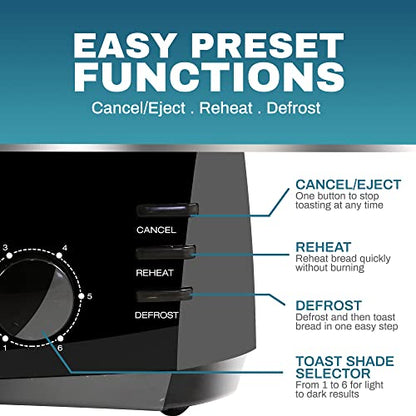 Elite Gourmet 4-Slice Long Slot Toaster, Extra-Wide Slots, 6 Toast Settings - color: Black