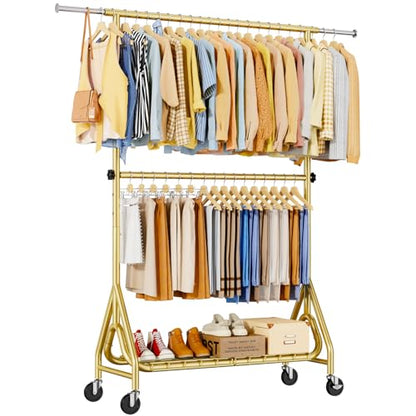 Heavy Duty Clothes Rack for Hanging Clothes, Double Rods Clothing Rack with Lockable Wheels, Rolling Garment Racks with Shelf, Easy to Assemble, Gold - color: Gold, size: Doule Rods