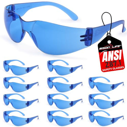 BISON LIFE Blue Safety Glasses for Men & Women, Bulk, ANSI Z87.1, 12 Pack - color: Blue/Blue