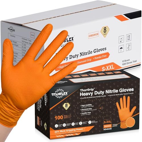 TitanFlex Heavy Duty Industrial Orange Nitrile Gloves, 8-mil, Gloves Disposable Latex Free with Raised Diamond Texture Grip, Powder Free, Rubber Glove, Mechanic Gloves,1000-ct Case (Medium) - color: 8-mil (1000-ct), size: Medium