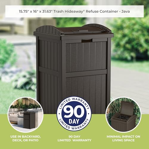 Suncast Trash Hideaway Durable Plastic Outdoor Garbage Waste Trash Can with Lid for 30 to 33 Gallon Trash Bags, Java Brown (2 Pack)