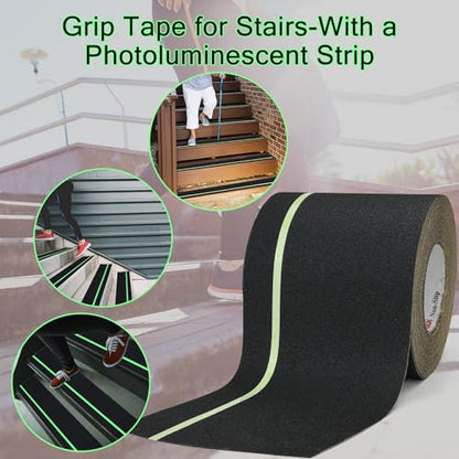 S&X Anti Slip Tape 6in x 60ft Glow-in-the-Dark Grip Tape for Stairs & Ramps - color: Black/Glow-in-the-Dark, size: 6" X 60'