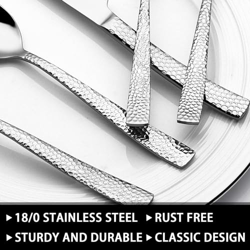 49-Piece Hammered Silverware Set with Organizer, Food-Grade Stainless Steel Flatware for 8, Cutlery Utensil Sets with Steak Knives, Rust-proof, Mirror Polished, Dishwasher Safe, Wave Hammered - style: Wave Hammered