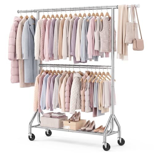EAGMAK 622 LBS Double Rod Clothing Rack with Wheels Heavy Duty, Silver - color: Silver, size: 43.3"×18.9"×74.8"( Wheels)