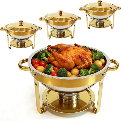 Gold Chafing Dish Buffet Set, 4-Pack 6QT 304 Stainless Steel Round Food Warmers with Lids, Water Pans & Fuel Holders – for Catering, Wedding Receptions & Parties - color: Full Gold