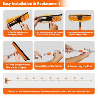 Window Washing Kit with Extension Pole: 3 in 1 Double-Sided Professional - color: Orange