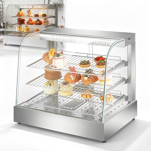 26'' Commercial Food Warmer, 3-Tier Electric Countertop Display Pretzel Warmers, Food Showcase with Tempered Glass Door & LED Light, Pizza Heated Cabinet for Restaurant/Bakery/Fast Food Shop