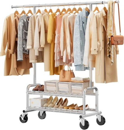 Clothes Rack Heavy Duty, 550 LBS Rolling Clothing Rack with Wheels, Silver - color: Silver
