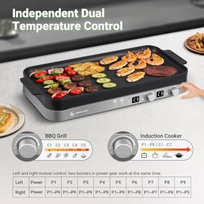AMZCHEF Double Induction Cooktop, 1800W 2 Burner with Griddle Pan, Grey - color: Iron Grey