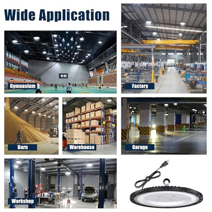 200W UFO LED High Bay Light 10-Pack, 30000LM 5000K AC100-277V UFO High Bay LED Shop Light with Plug Alternative to 800W MH/HPS for Garage Workshop Warehouse Factory Gym Barn.