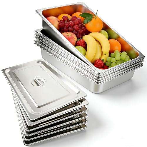 6 Pack Stainless Steel Hotel Pans,Full Size 4 Inch Deep 0.8mm Thick Anti Jam Commercial Food Pans with lid,for Steam Tables, Restaurants, Catering & Industrial Use