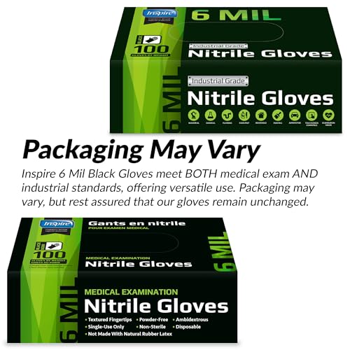 Inspire 6 or 8 Mil HEAVY DUTY Stretch Nitrile Black Gloves Disposable Latex Free - size: Medium