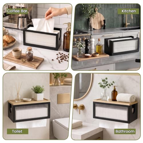 Wooden Paper Towel Holder with Lid & Acrylic Window Wall Mounted - color: Black Acrylic