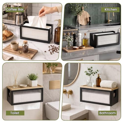 Wooden Paper Towel Holder with Lid & Acrylic Window Wall Mounted - color: Black Acrylic