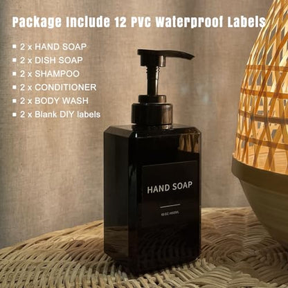 Black Soap Dispenser with Waterproof Labels, Thickened Plastic Hand Soap Dispenser for Bathroom, Kitchen Dish Washing Liquid Bottles, Shampoo and Conditioner Bottles with Funnel (15oz 2Pack Black) - color: 15oz 2 Pack Black