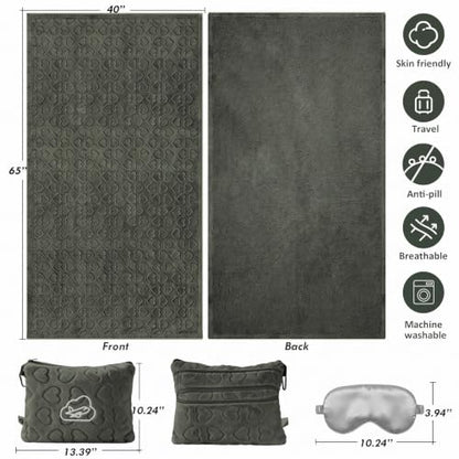 Travel Blanket, Airplane Blanket, Ultra-Soft, Warm & Lightweight, 65x40 in, Outdoor Blanket Essentials for Women, Men & Kids, Included Eye Mask, Luggage Sleeve & Backpack Clip Heart Grey - color: Heart Dusty Gray