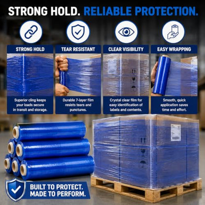 18" Stretch Wrap Film, 1500 ft, 80 Gauge (20 Micron), 7-Layer Clear Pallet Wrap, Up to 80% Stretch, Self-Adhering Heavy-Duty Moving & Packing Film, 6 Rolls (Blue, 18 inch x 1500 feet) - color: Blue, size: 18 in x 1500 ft - 6 Rolls
