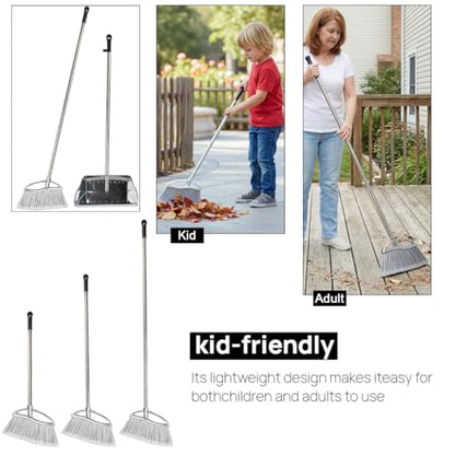 Outdoor Broom and Dustpan Comb Set,Heavy Duty Stainless Steel Metal Dust Pan with Long Handle Commercial Stiff Bristles Broom for Home Garage Garden Patio - style: Outdoor Broom and Dustpan