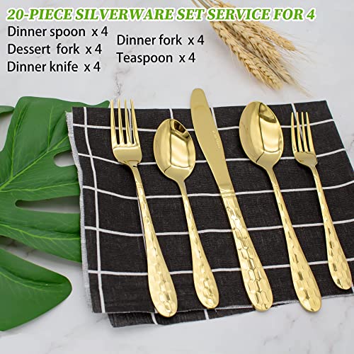 20 Piece Silverware Set for 4, Hammered Silverware Set 18/10 Stainless Steel Tableware Cutlery Flatware Spoons and Forks Set for Home Kitchen Restaurant, Unique Utensils Set Dishwasher Safe (Gold) - color: Gold
