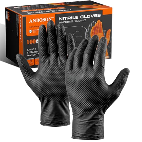 ANBOSON 10 Mil Heavy Duty Mechanic Nitrile Gloves, XLarge Black 100 Count - color: Black-100, size: X-Large