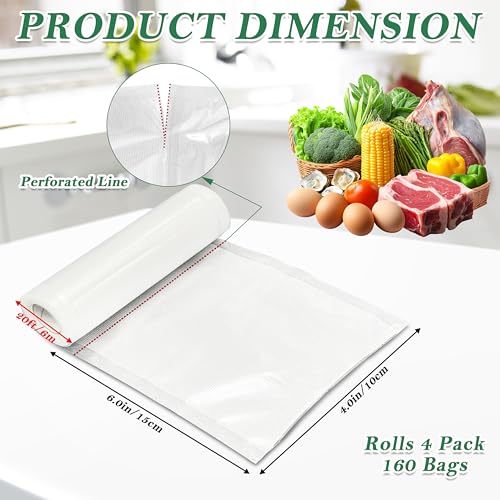 Pre-Cut Perforated Vacuum Sealer Bags Rolls,4x6 Inch Heavy-Duty Vacuum Sealer Roll Bags 4 Rolls 160 Tear Off Bags,Easy-Tear Food Grade Storage Bags for Sous Vide, Freezer & Meat (BPA Free) - size: 4 rolls 4 x 6 Inches