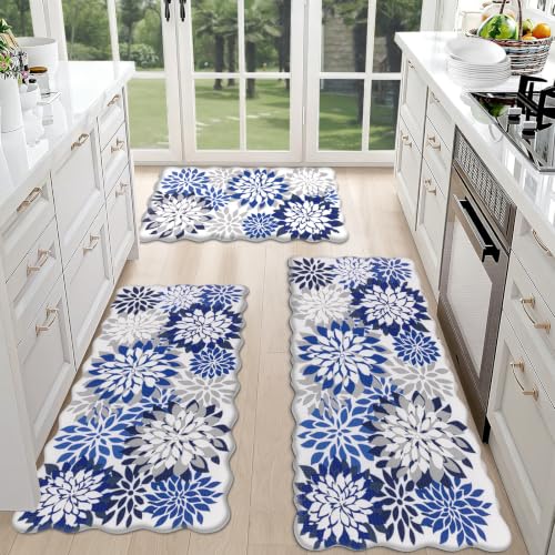 HEBE Anti Fatigue Kitchen Rugs Set of 3, Cushioned Kitchen Mats for Floor - color: Blue/Floral