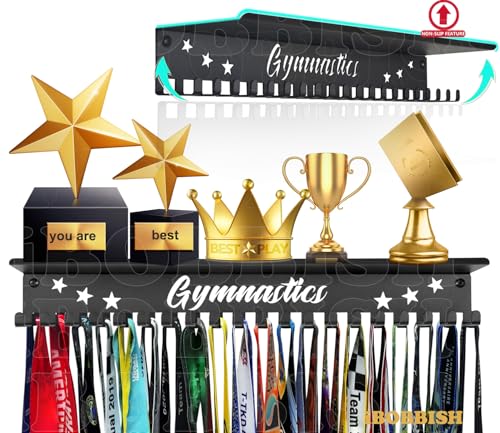 iBobbish Metal Medal Hanger Display,Non-Slip Trophy Shelf with 20 Hooks,Wall Mount,Heavy Duty,Non-Bent,Holds 22-33lbs,for Gymnastics,Race,Soccer,Swim - color: Black, style: NON-SLIP Gymnastics 6 Stars