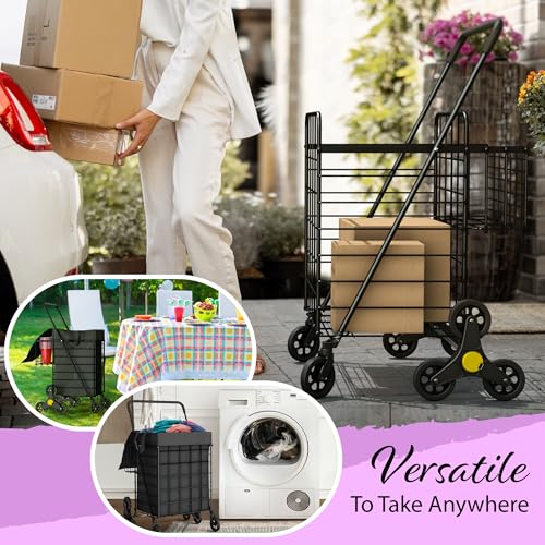 Our Modern Space Stairs Climbing Shopping Cart w/Waterproof Basket Liner & 360° Swivel Wheels | Foldable Collapsible & Lightweight | Perfect for Groceries Laundry Utility Cart - Black - color: Black