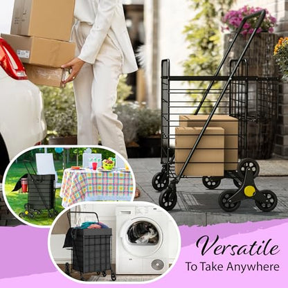 Our Modern Space Stairs Climbing Shopping Cart w/Waterproof Basket Liner & 360° Swivel Wheels | Foldable Collapsible & Lightweight | Perfect for Groceries Laundry Utility Cart - Black - color: Black