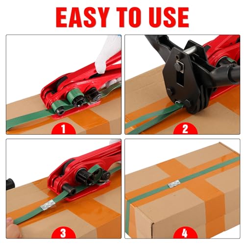 Banding Packaging Pallet Strapping Kit with Strapping Tensioner Tool,Banding Sealer Tool. 5/8″x 852′925lbs Break Strength Polyester Strapping with 100 Metal Seals for Pallets, Logistics, Warehouse - color: Green, size: S, style: Strapping Kit