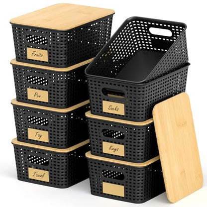 Stackable Storage Baskets: 8 Pack Plastic Baskets Bins, Black - color: Black