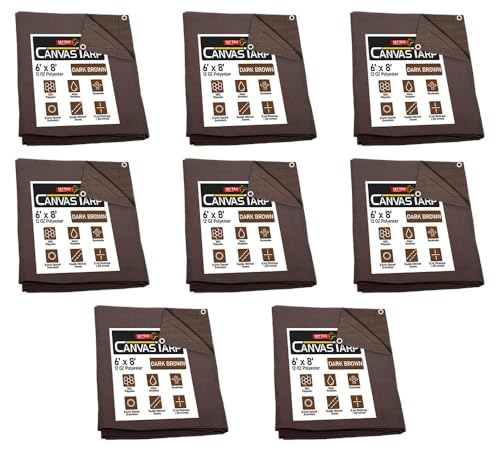 (8 Pack) 6' x 8' Dark Brown Canvas Tarp 12oz - Water Resistant & Breathable - Heavy Duty Tarps - Multipurpose Tarpaulin Cover for Camping Tent - color: Dark Brown (8 Pcs), size: 6' x 8'
